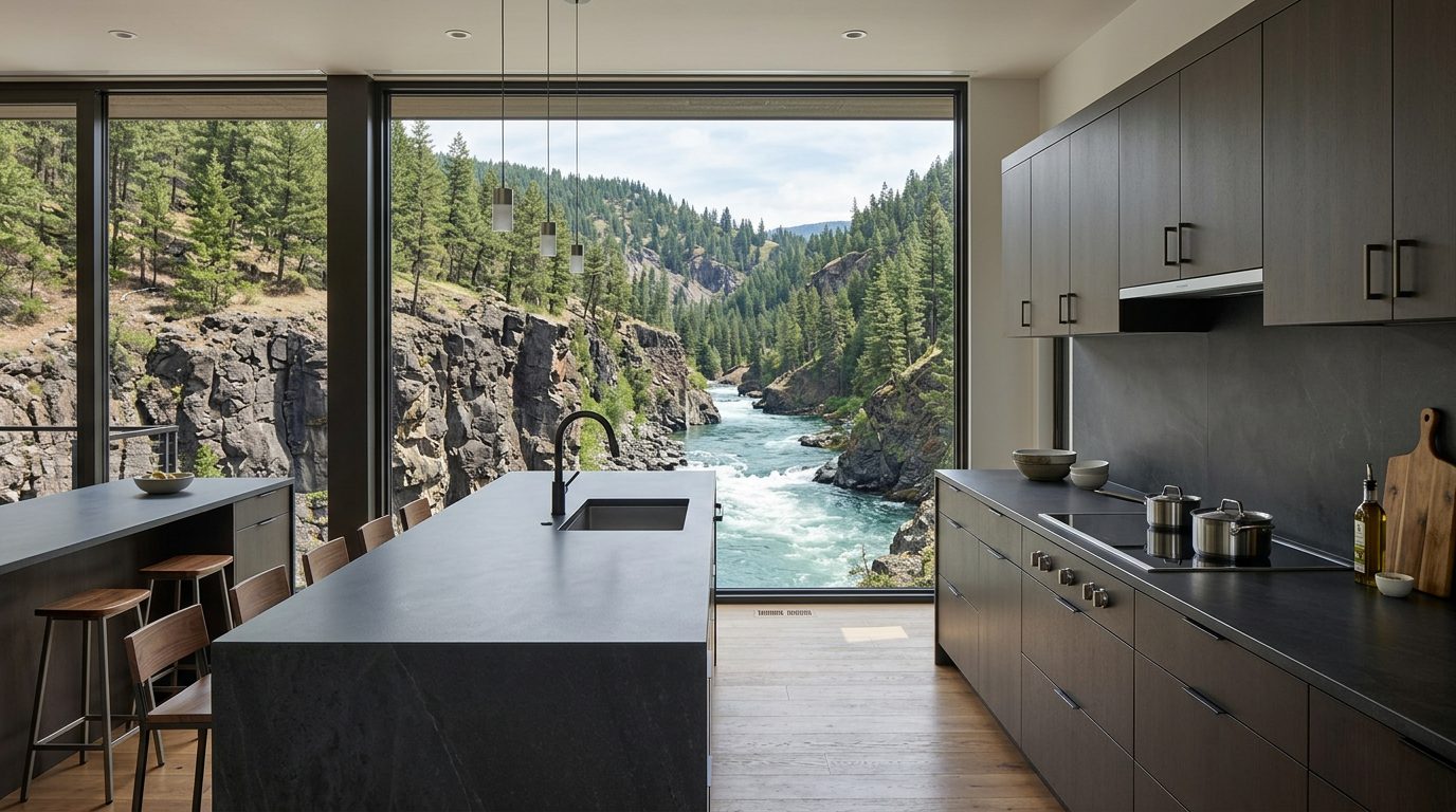 Matte charcoal Dekton countertops with full-height backsplash in a modern Montana kitchen