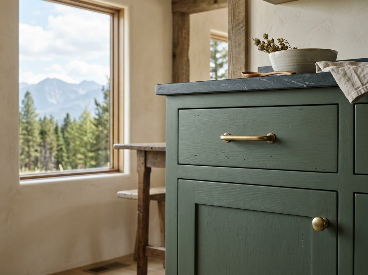 Painted cabinet door detail with brass pull