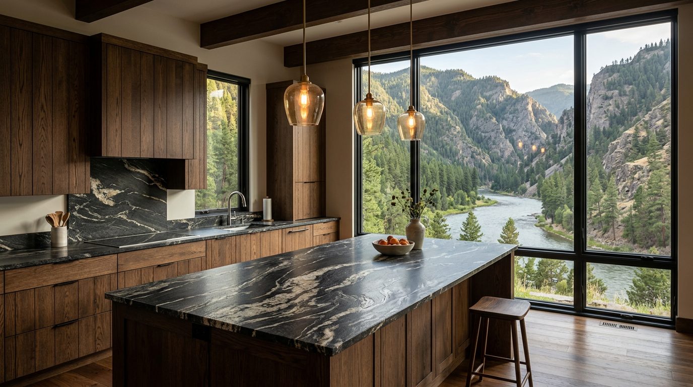 Granite island with dramatic natural veining in a Montana kitchen