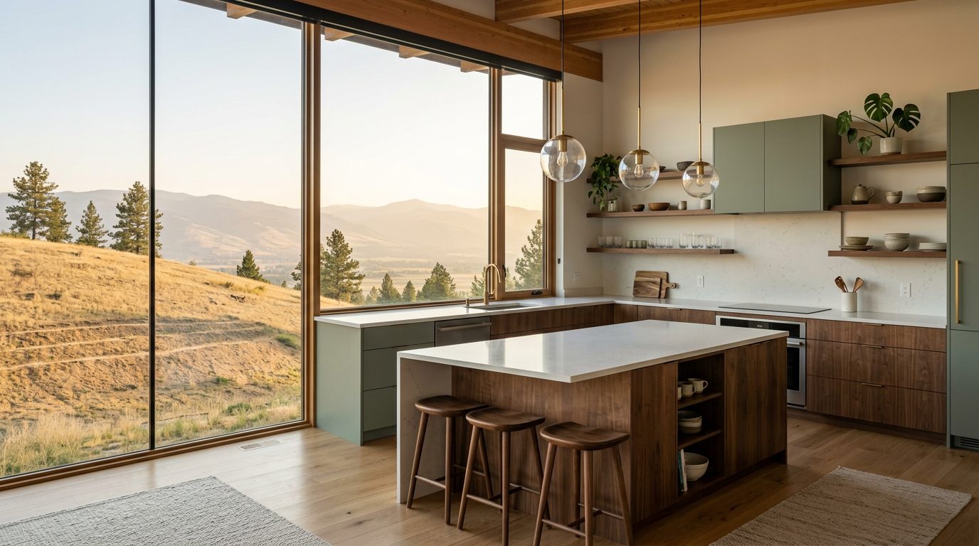 Concept rendering: mid-century modern Missoula valley kitchen