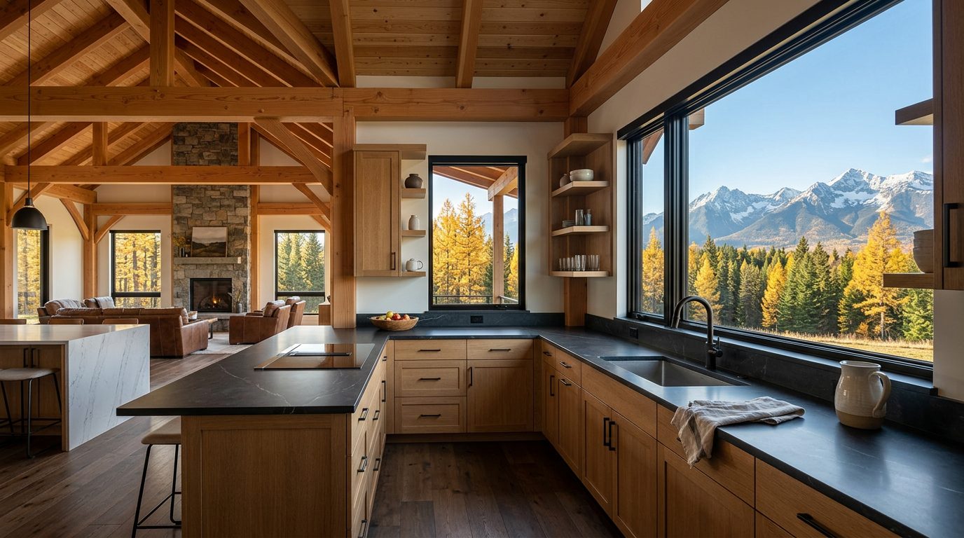 Concept rendering: timber-frame great room kitchen
