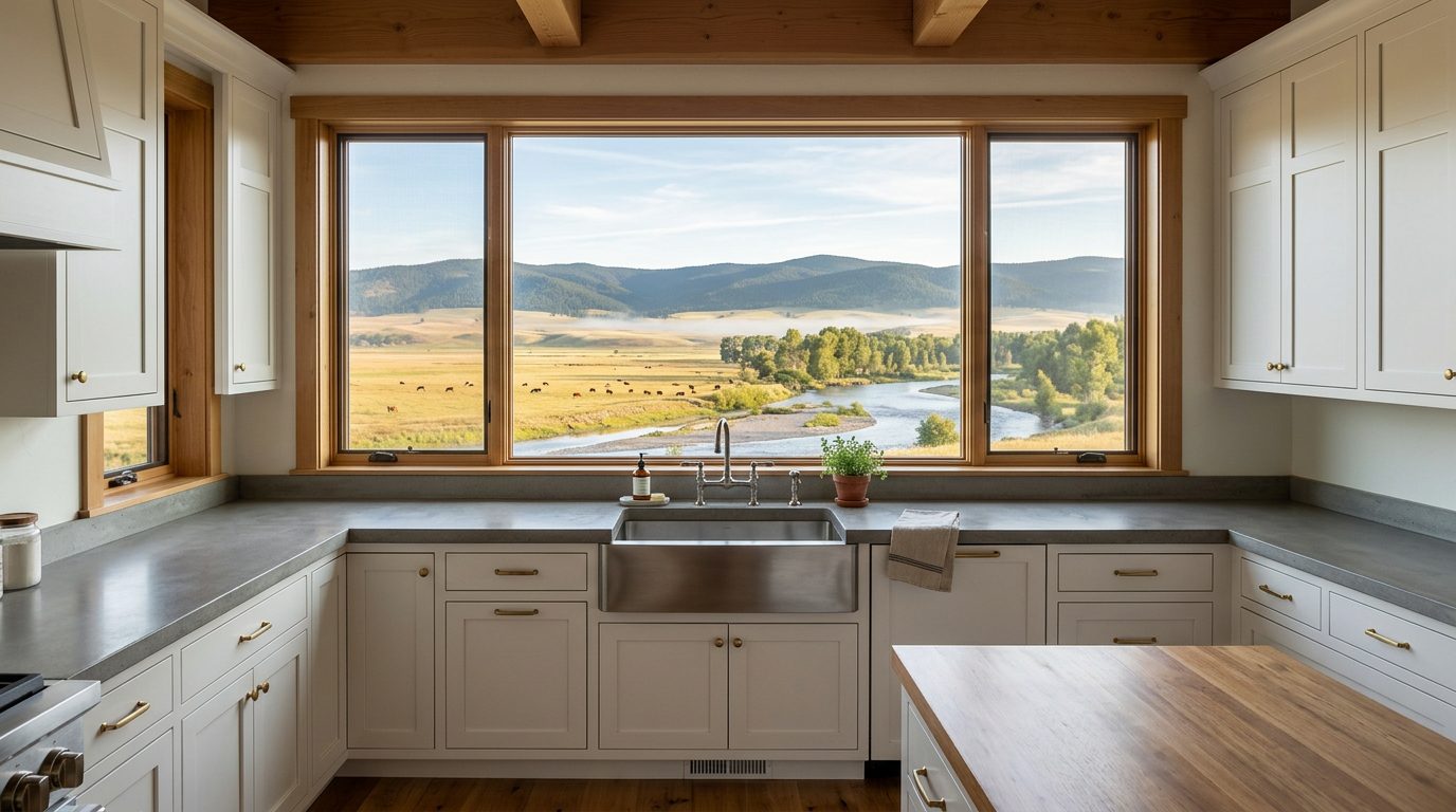 Warm kitchen with natural stone countertops and a meadow view