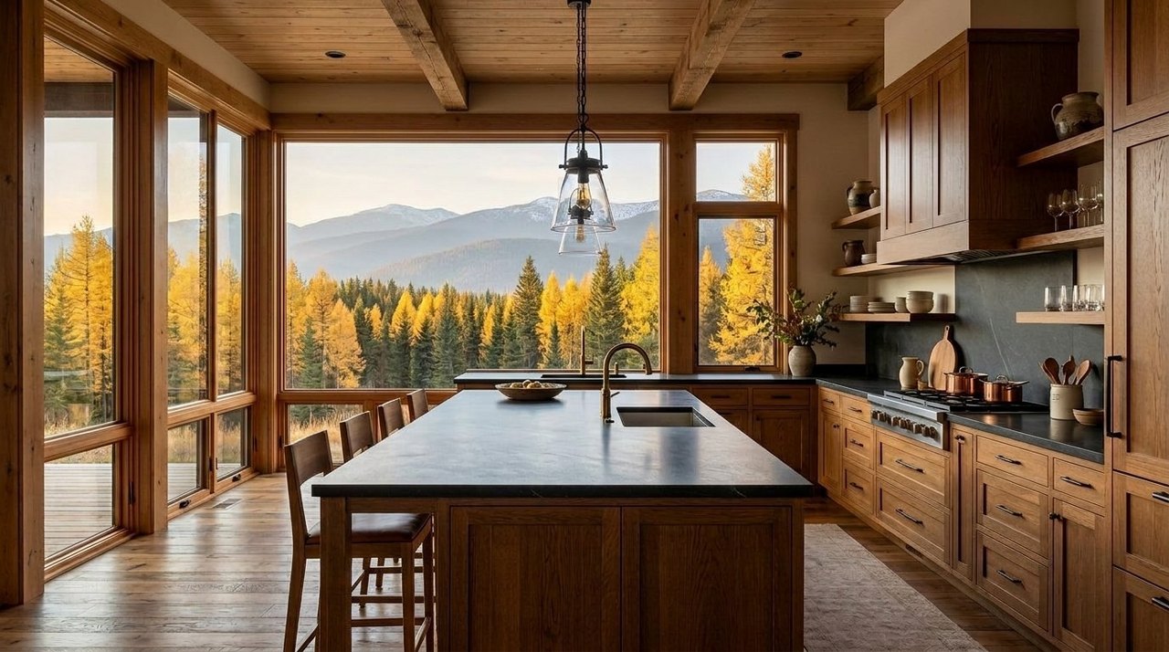 Oak kitchen with a dark stone island, golden larch and soft distant ridges outside
