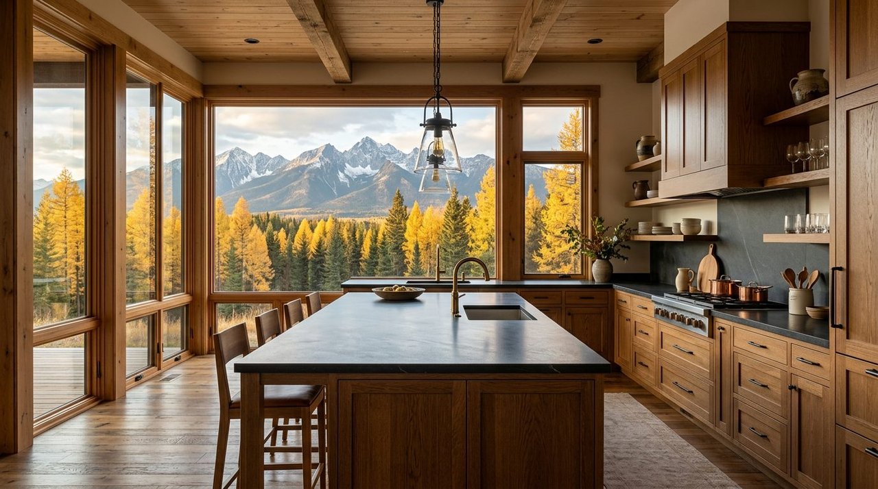 Canyon Creek custom oak kitchen with mountain view