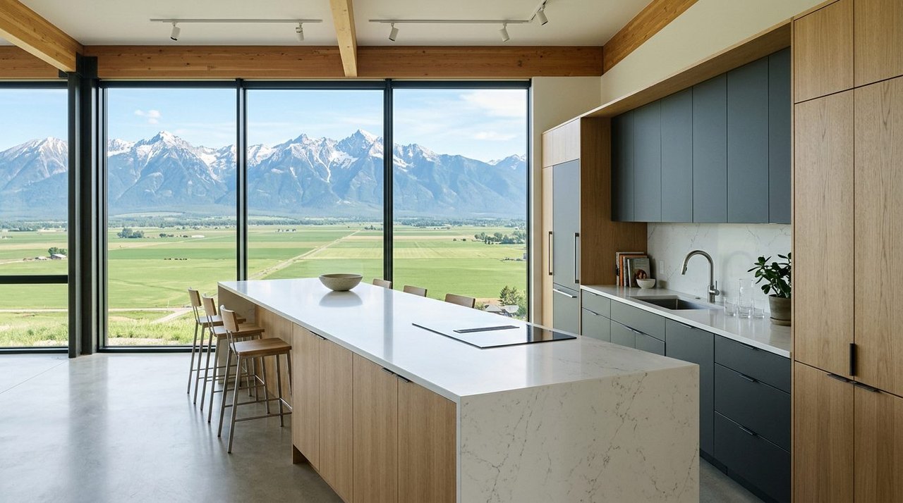 Contemporary frameless slab kitchen in rift-cut white oak and matte charcoal, Missoula