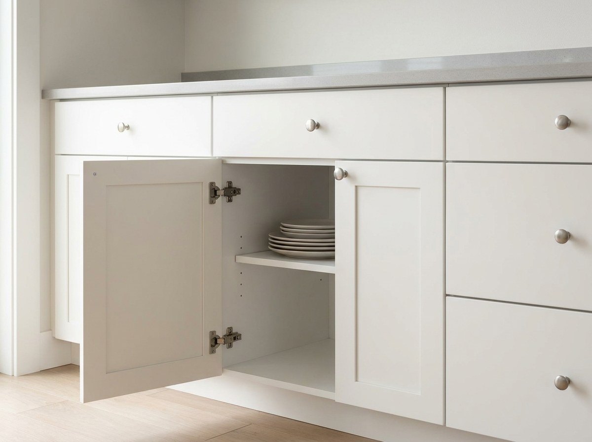 Frameless white shaker base cabinet with one door open: thin box edges and a full-width opening