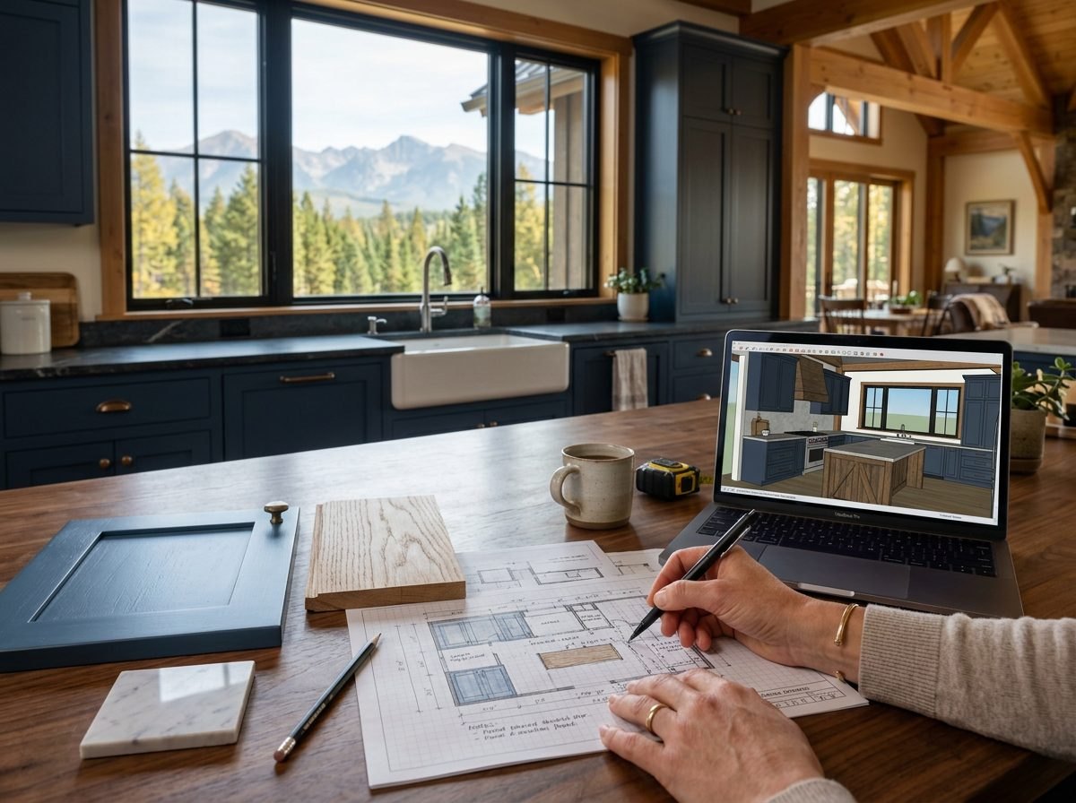Sketching a kitchen plan beside door samples and a 3D model