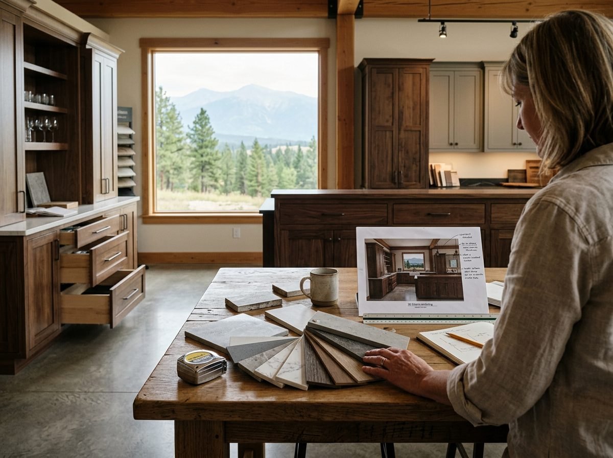 Samples and renderings on a showroom worktable