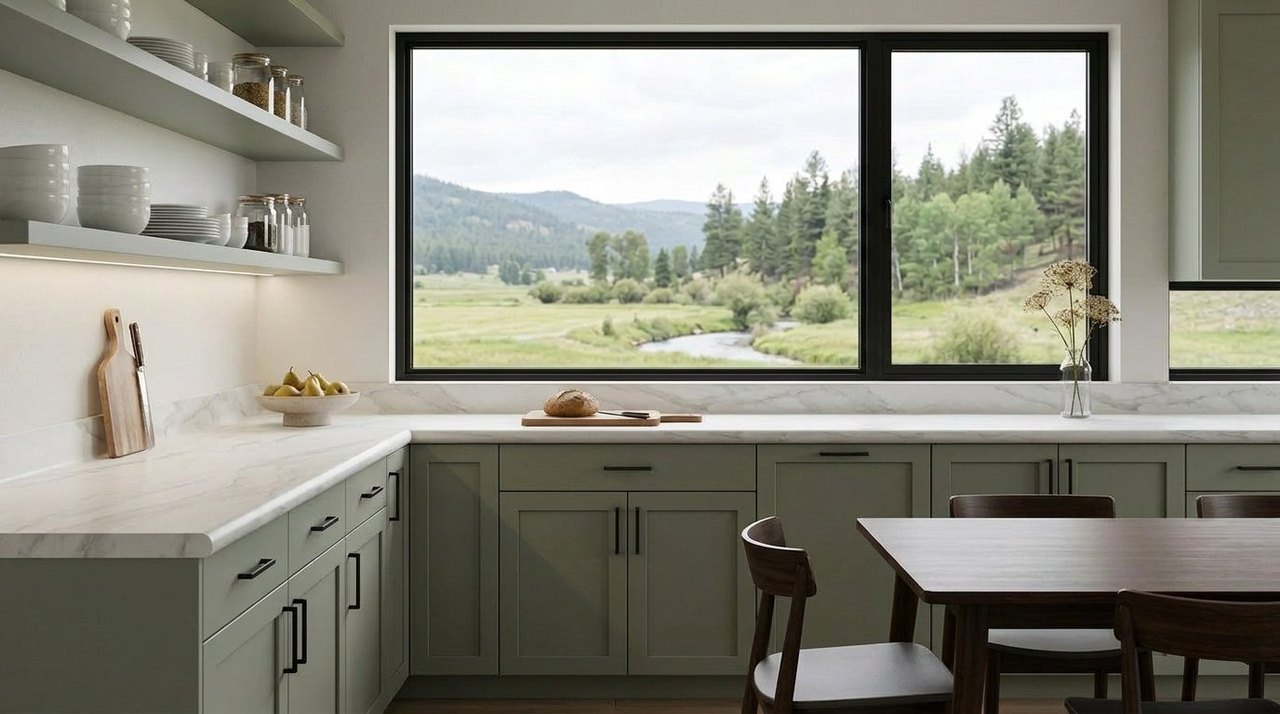 White marble-look laminate countertop with a rounded front edge and short backsplash on sage green shaker cabinets