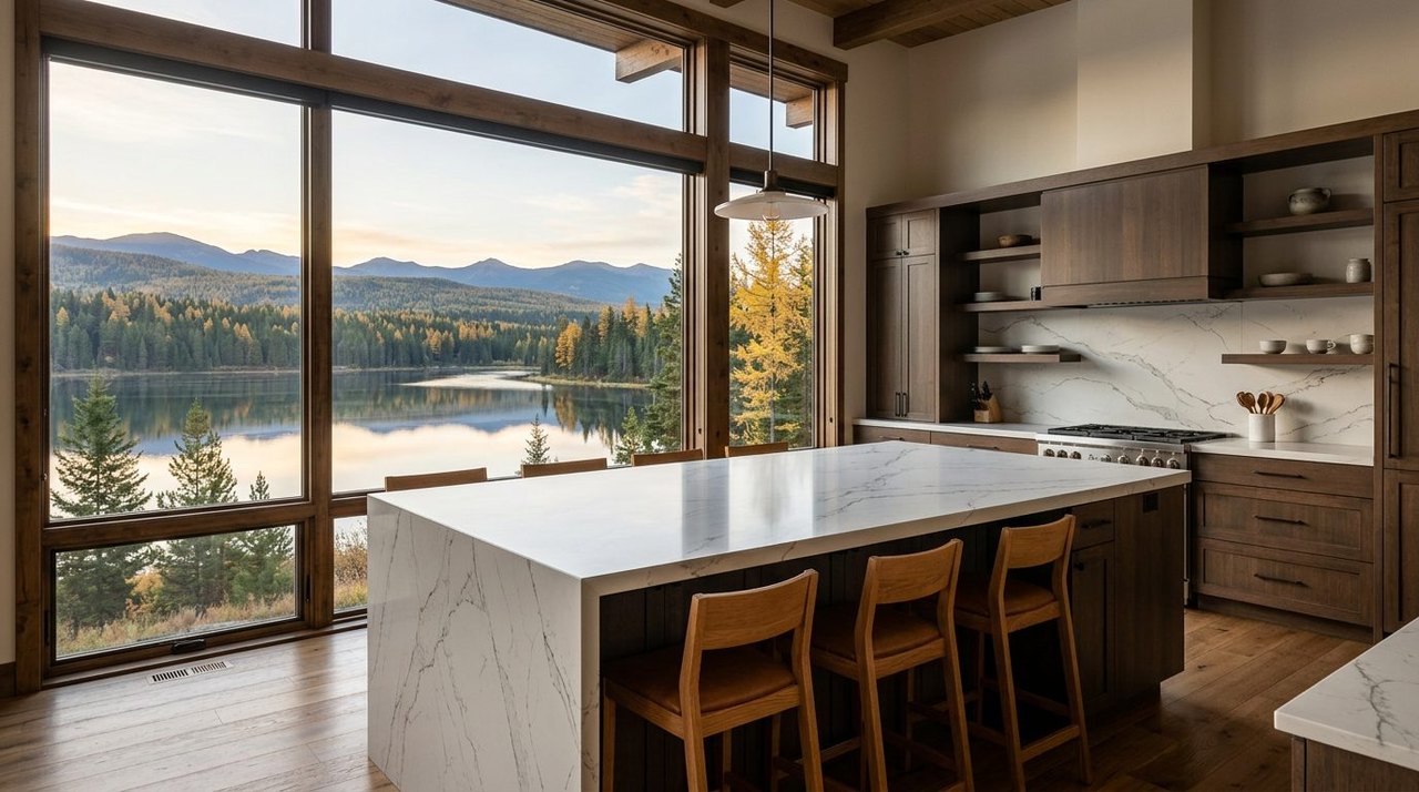 Veined white quartz island with seating, Missoula home