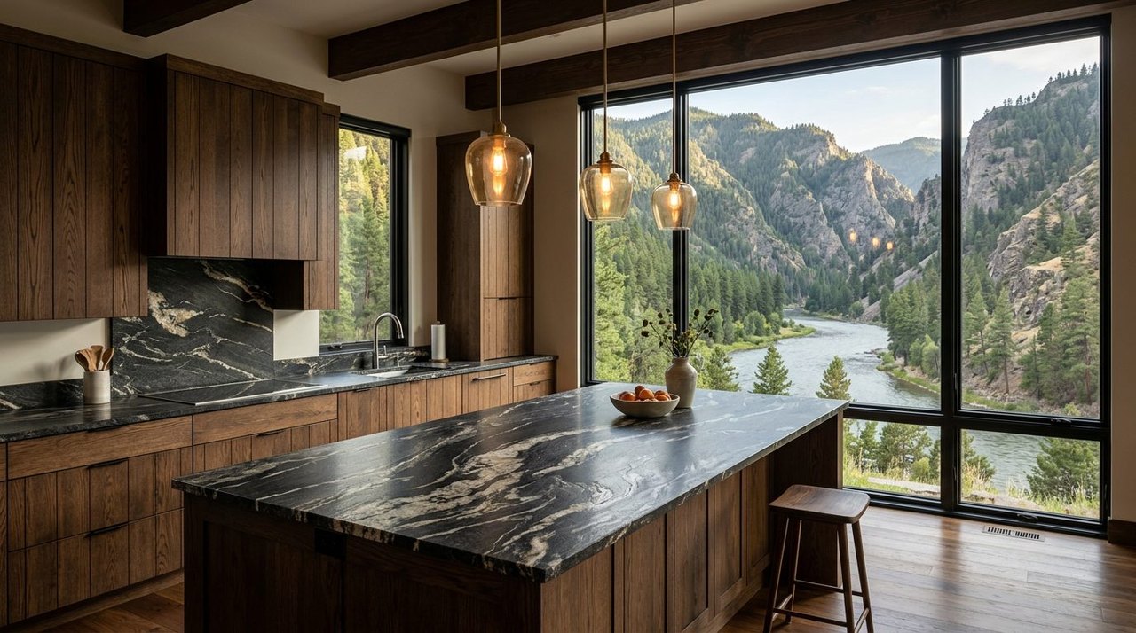 Granite island with dramatic natural veining