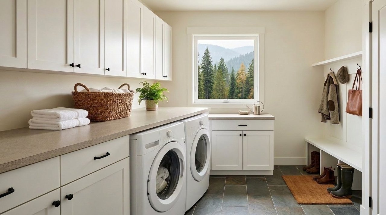 Stone-look laminate countertop over a washer and dryer in a bright laundry room