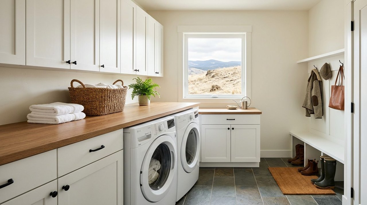 Woodgrain laminate countertop in a bright Montana laundry room