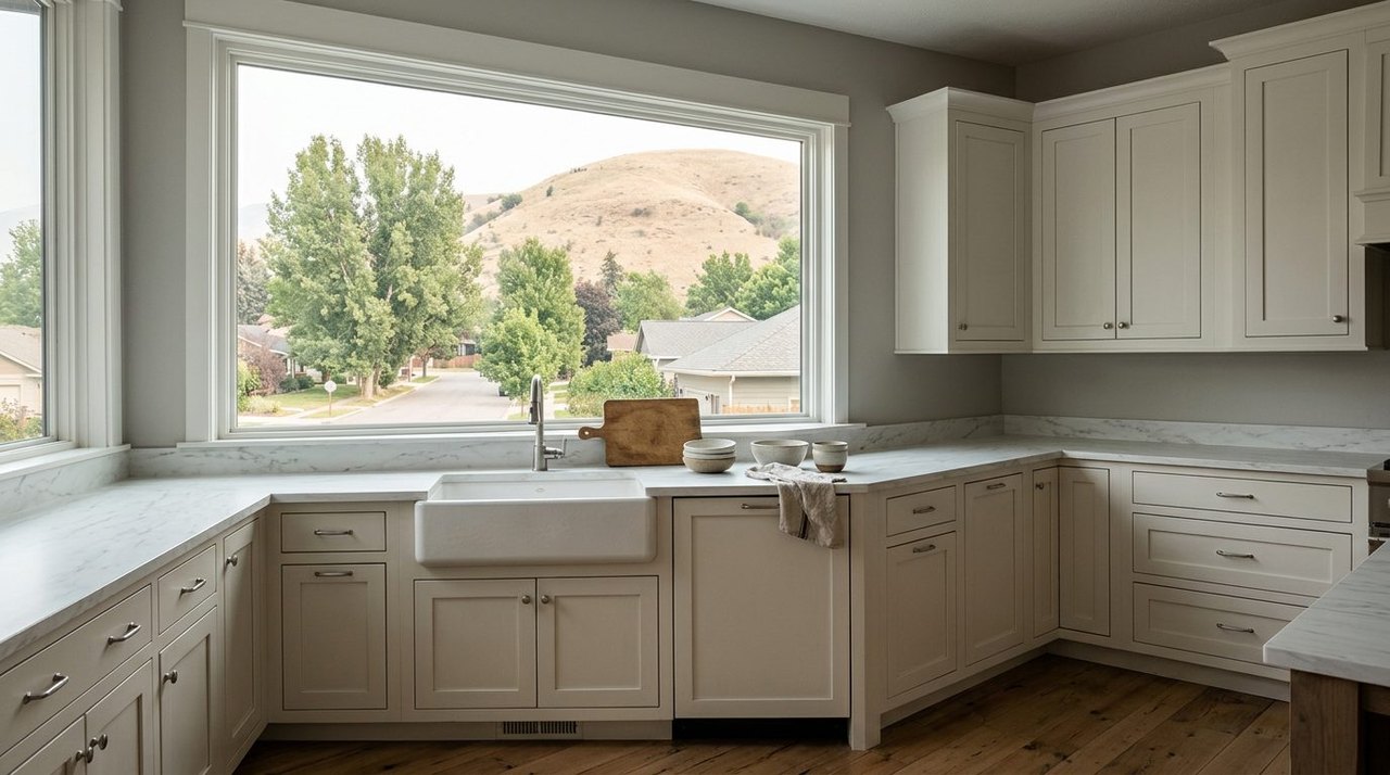 White marble-look laminate countertop with crisp square edge