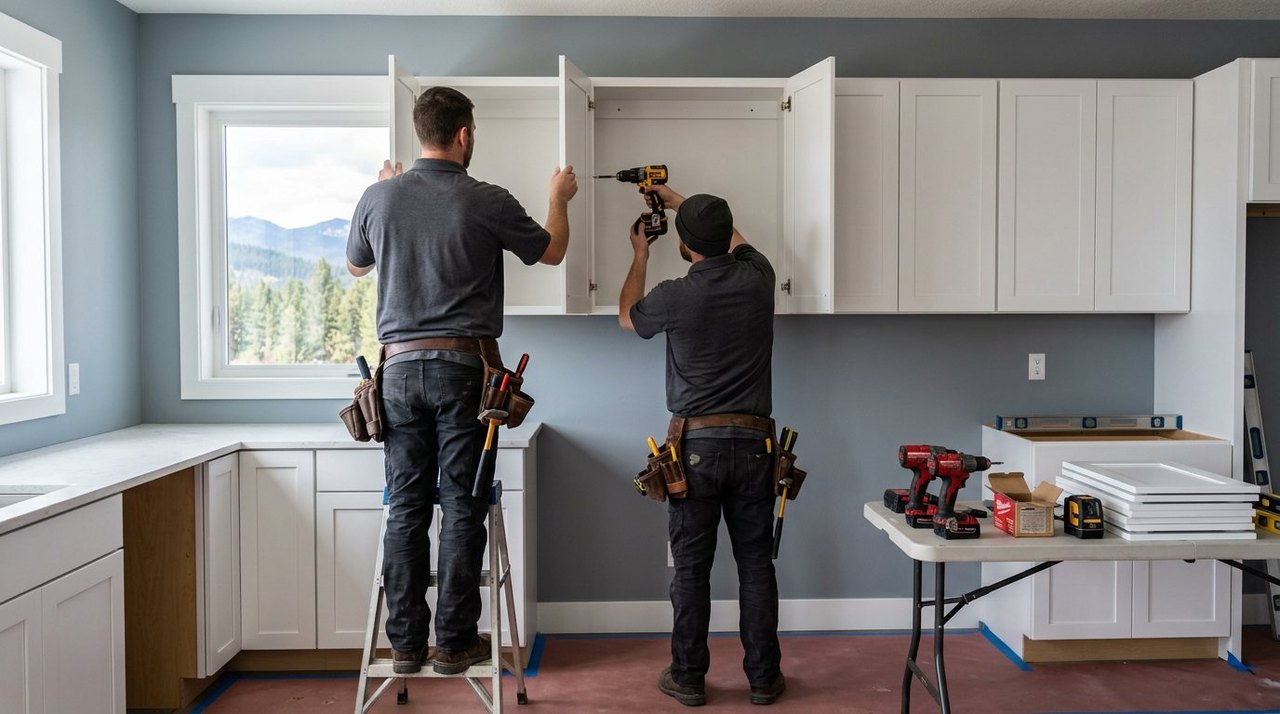 Burnich installer setting cabinet hardware