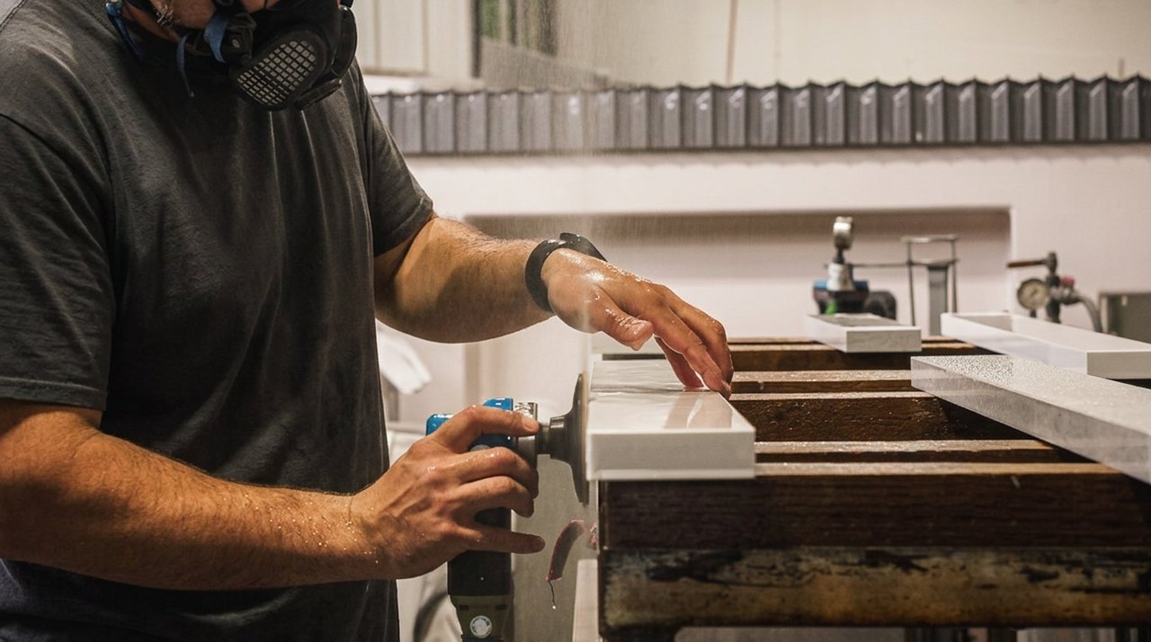 Burnich fabricator wet-polishing the edge of a white quartz countertop in the shop