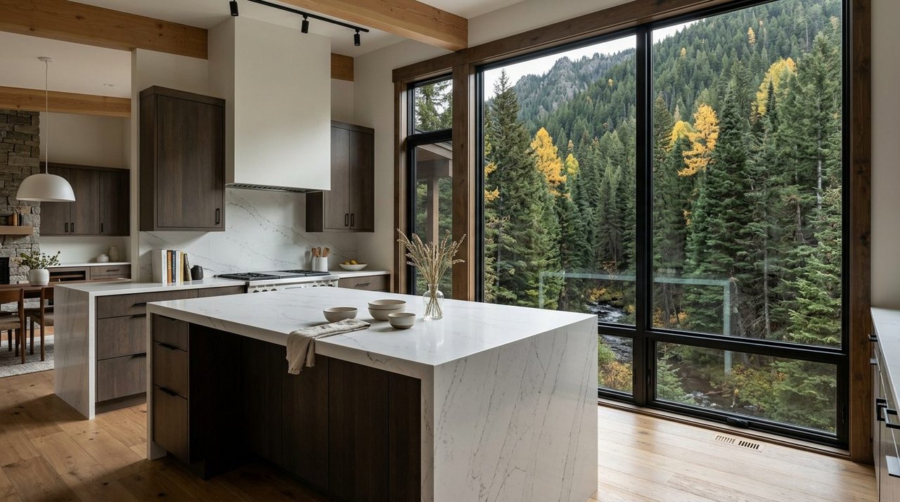 White quartz island with soft grey veining and waterfall edge