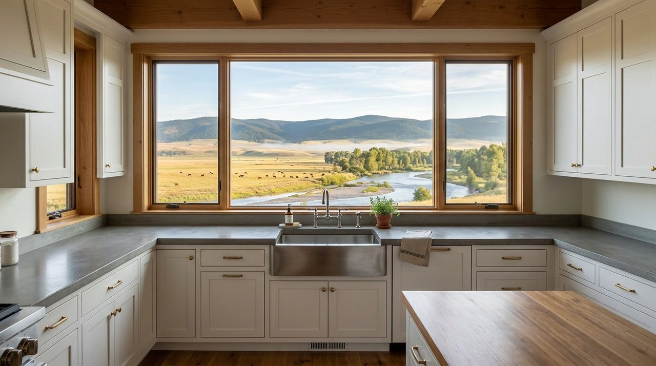 Concrete-look quartz in a Montana farmhouse kitchen