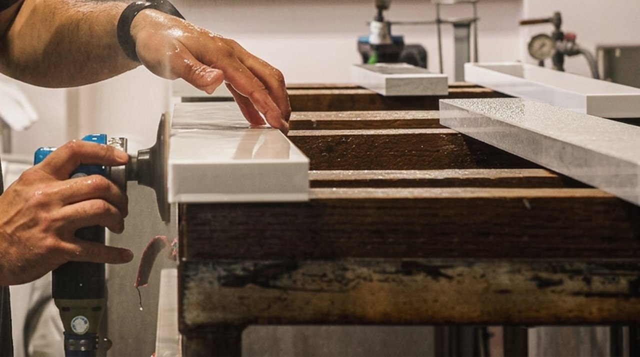 Wet-polishing a countertop edge by hand on the fabrication bench at Burnich