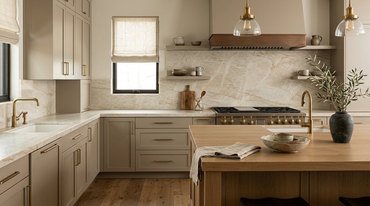 Taj Mahal quartzite countertops and full backsplash with greige shaker cabinets and a white oak island