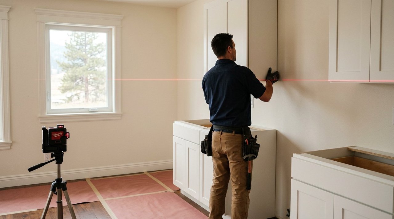 Burnich installers setting a cabinet in a Missoula kitchen